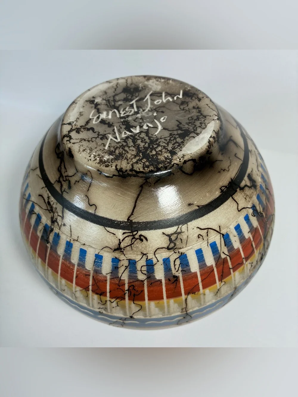 Native Navajo Etched Horse Hair Rainbow Pottery Vase Ernest John signed Sm.Chip!